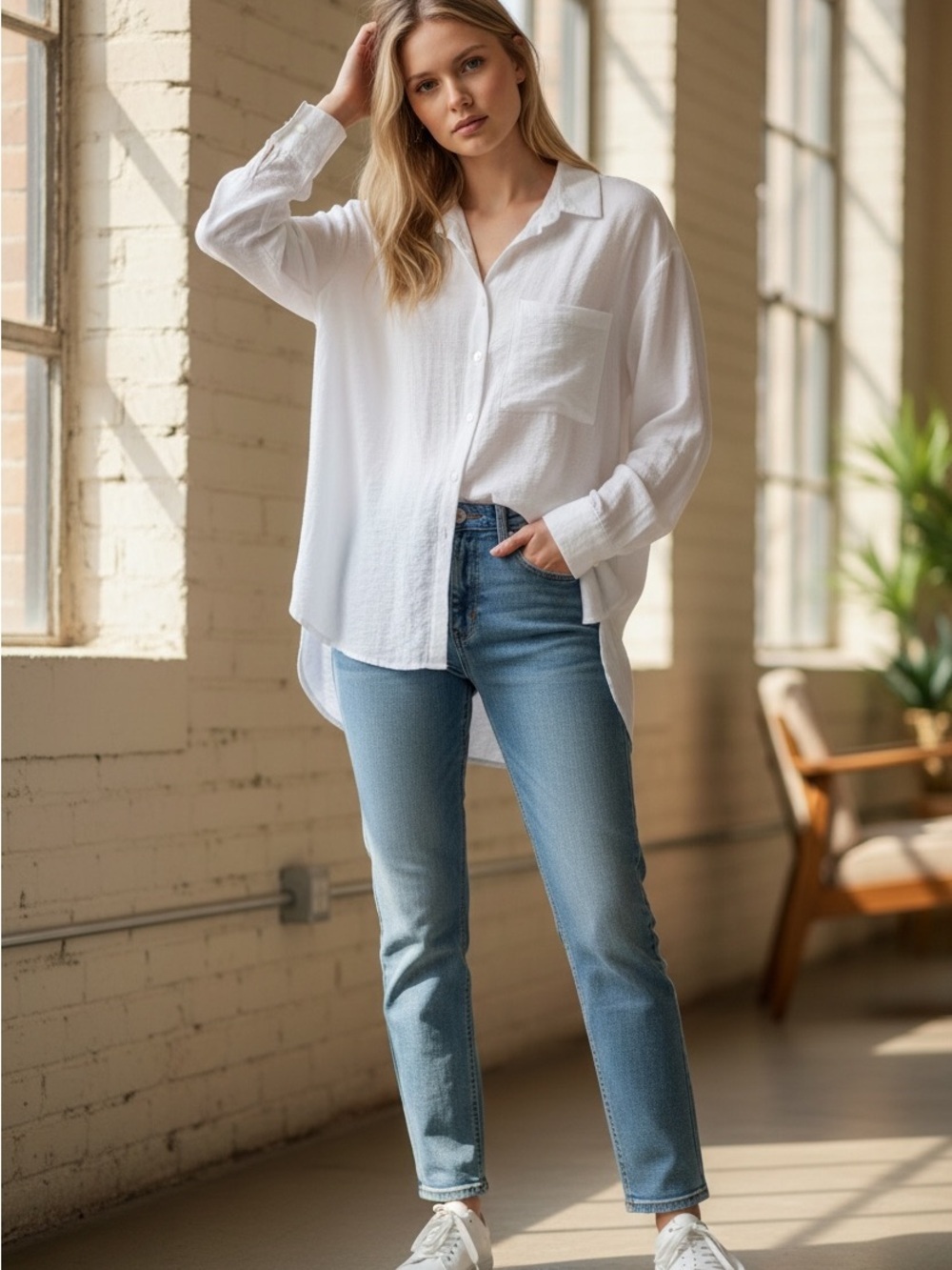 Relaxed White Button-Up Pocket Blouse — Lightweight Everyday Shirt